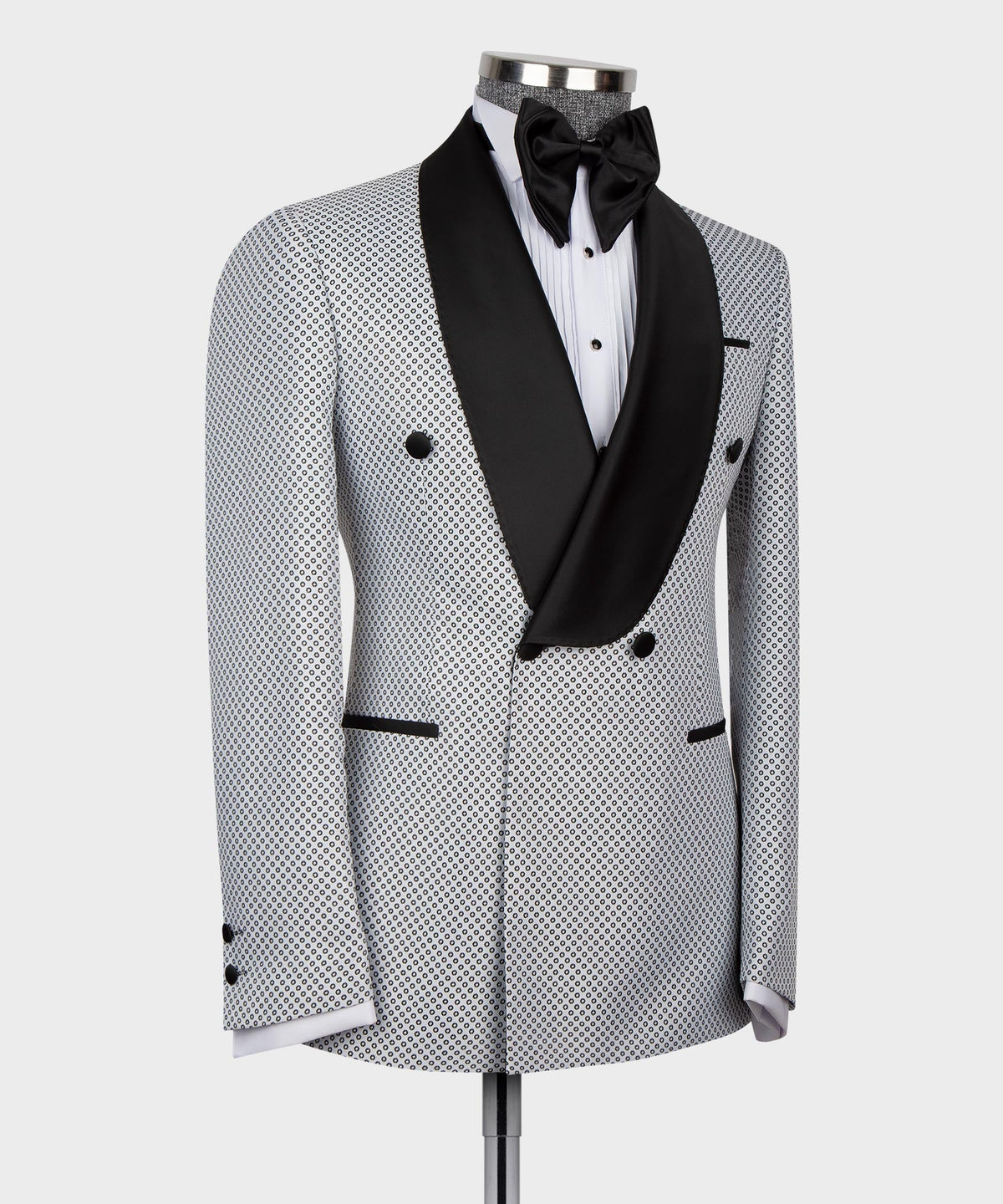 Valerio Milano Men's White Spotted Black Lapeled Double Breasted Classic Tuxedo