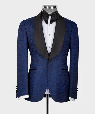 Valerio Milano 3-Piece Italian Men's Suit Blue Tuxedo With Black Satin Collar