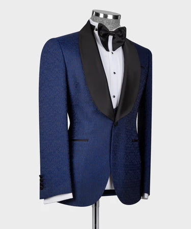 Valerio Milano 3-Piece Italian Men's Suit Blue Tuxedo With Black Satin Collar