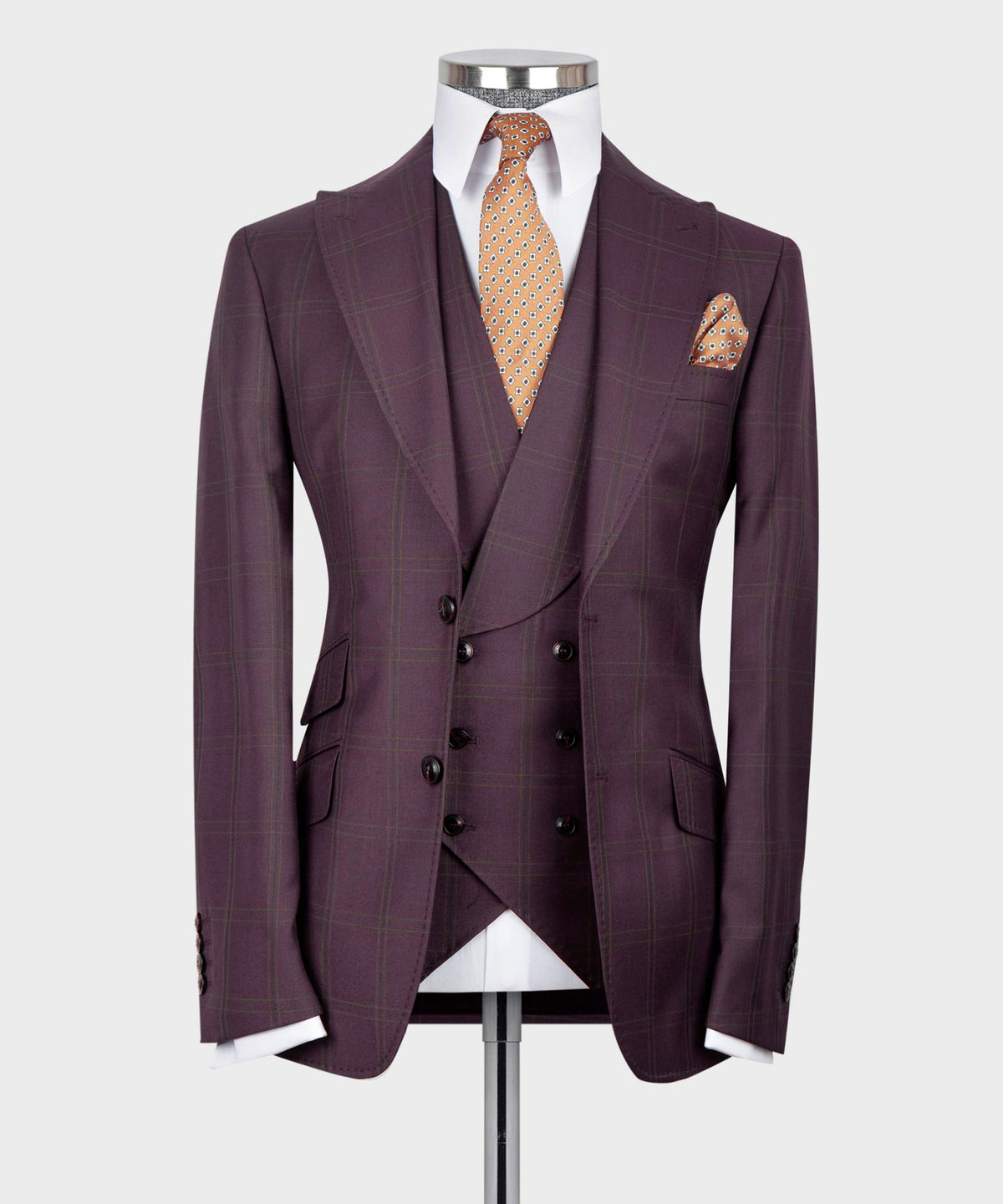 Valerio Milano 3-Piece Italian Men's Suit- Burgundy 100% Wool 3 Side Pockets Classic Suit W/ Straight Leg Trousers