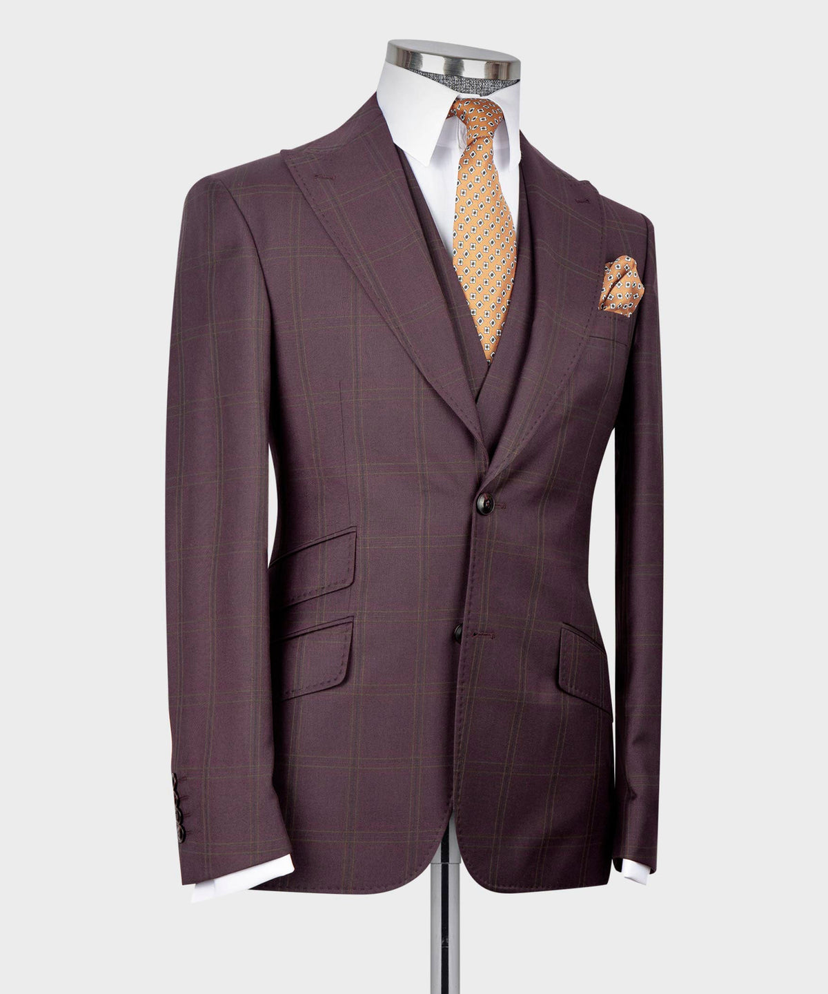 Valerio Milano 3-Piece Italian Men's Suit- Burgundy 100% Wool 3 Side Pockets Classic Suit W/ Straight Leg Trousers