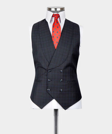 Valerio Milano 3-Piece Italian Men's SuiBlack Plaid 100% Wool Triple Classic Suit W/ Straight Leg Trousers
