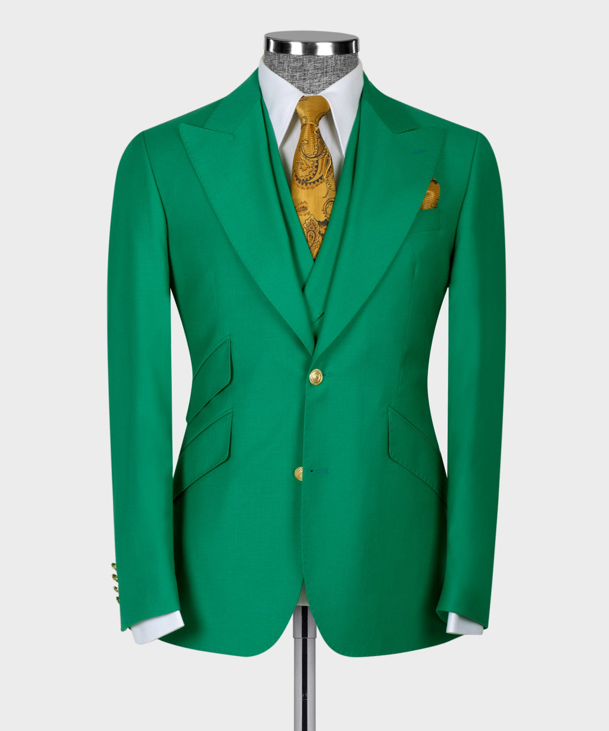 Valerio Milano 3-Piece Italian Men's Suit Green 100% Wool Golden Button Vest Suit Straight Leg Trousers