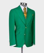 Valerio Milano 3-Piece Italian Men's Suit Green 100% Wool Golden Button Vest Suit Straight Leg Trousers