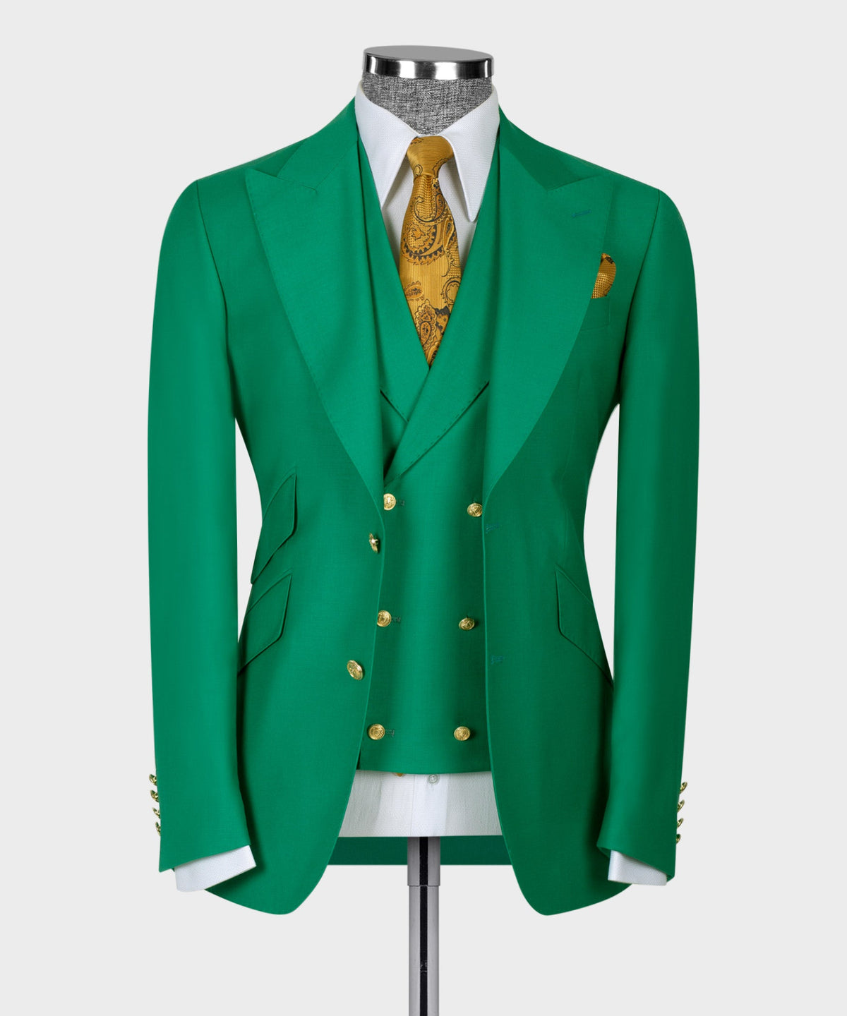 Valerio Milano 3-Piece Italian Men's Suit Green 100% Wool Golden Button Vest Suit Straight Leg Trousers