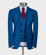 Valerio Milano 3-Piece Italian Men's SuitBlue 100%Wool Golden Button Business Triple Classic Suit