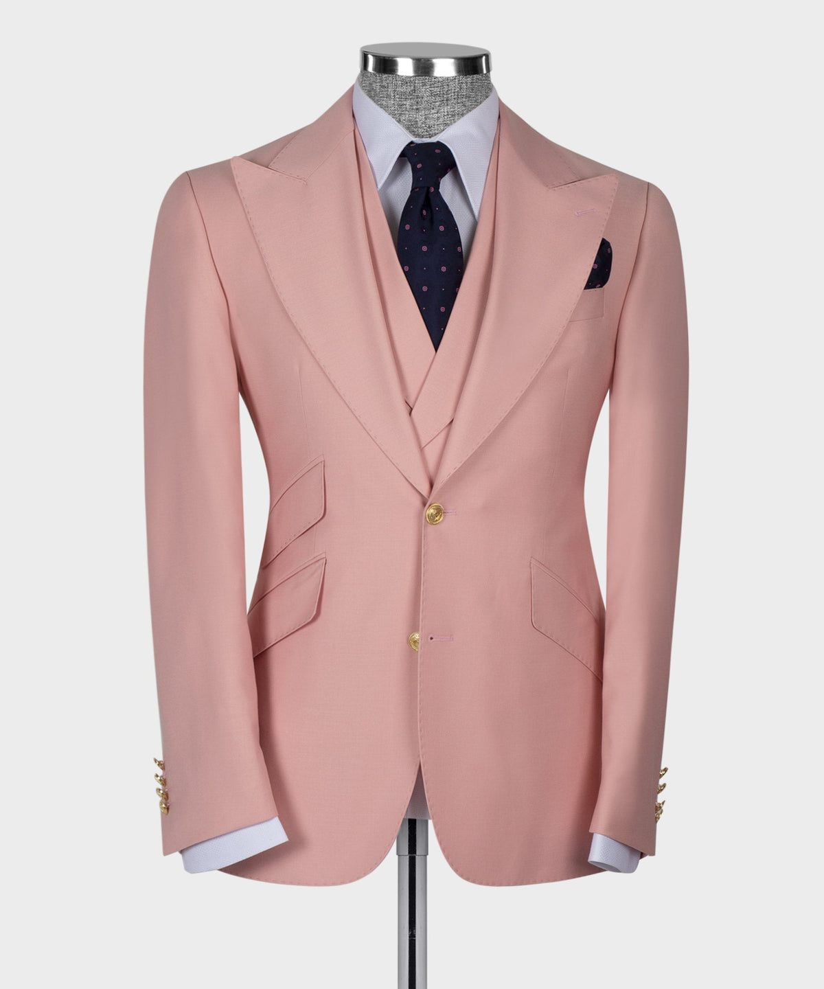 Valerio Milano 3-piece italian Men's Pink Suit 100% Wool Golden Button Vest Classic Suit