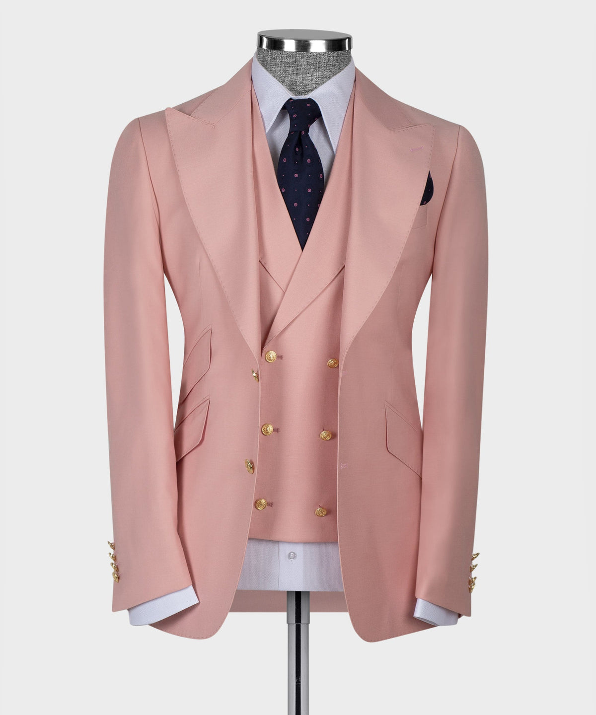 Valerio Milano 3-piece italian Men's Pink Suit 100% Wool Golden Button Vest Classic Suit