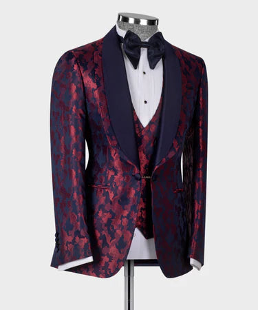 Valerio Milano Dark Blue Double Lapeled Burgundy Tuxedo Suit
