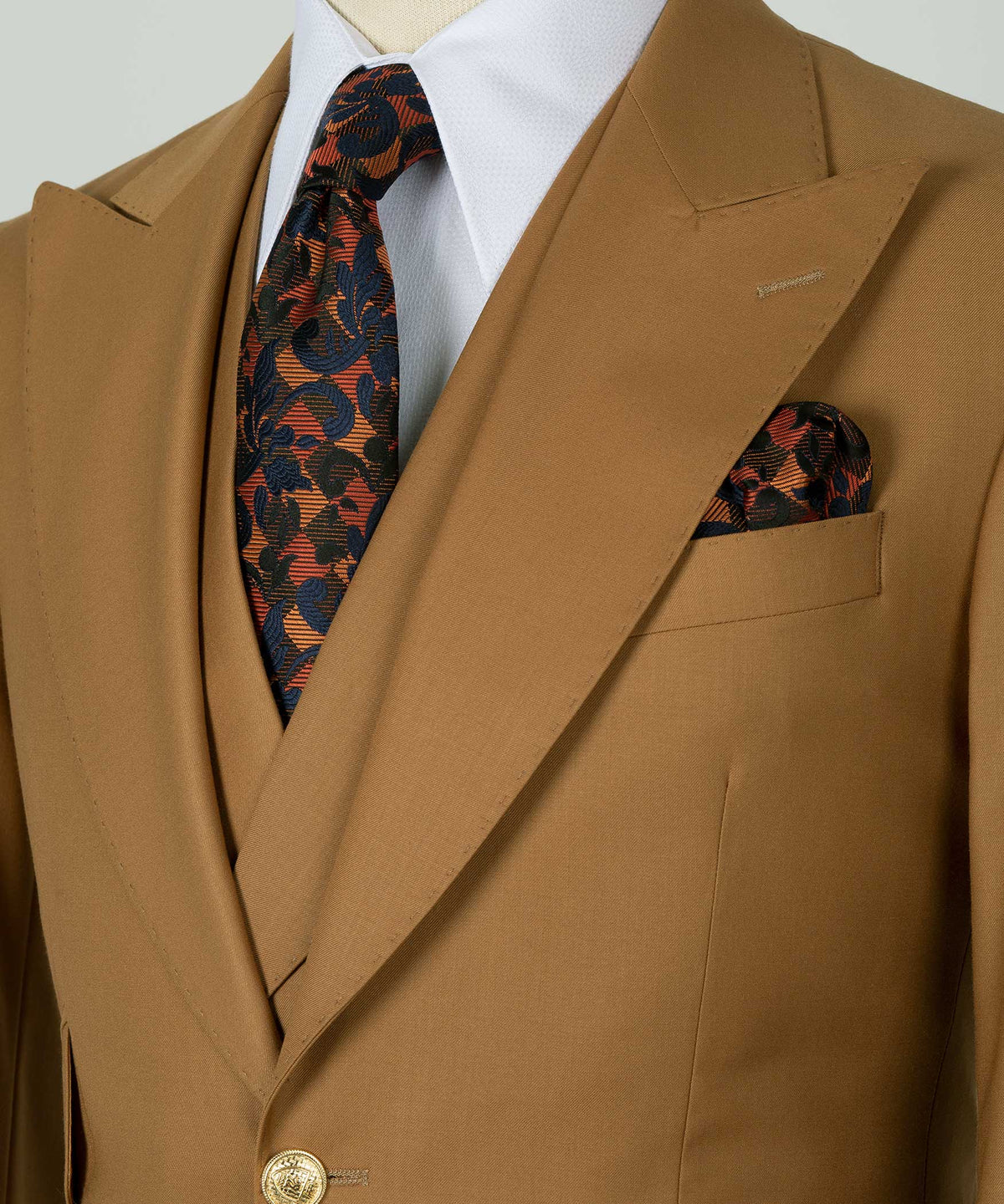 Valerio Milano 3-Piece Italian Men's Suit -Light Brown Golden Button 100% Wool Classic Vest Suit