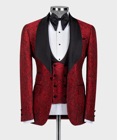 Valerio Milano 3-Piece Italian Tuxedos Suit Red Embossed Fabric