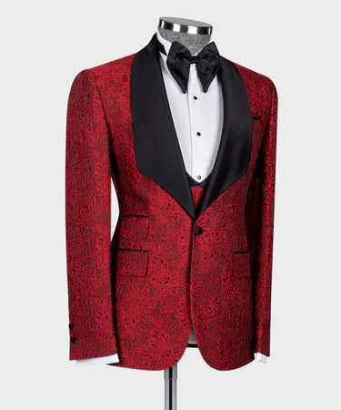 Valerio Milano 3-Piece Italian Tuxedos Suit Red Embossed Fabric