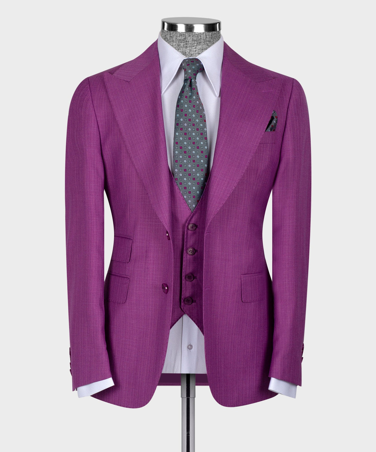 Valerio Milano 3- Piece Italian Men's Suit- Purple 100% Wool Dot Stitching Vest Classic Suit Straight Leg Trousers