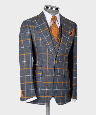 Valerio Milano 3-Piece Italian Men's Suit Gray 100% Wool Front 2 Button Triple Classic Vest Suit W/ Straight Leg Trousers