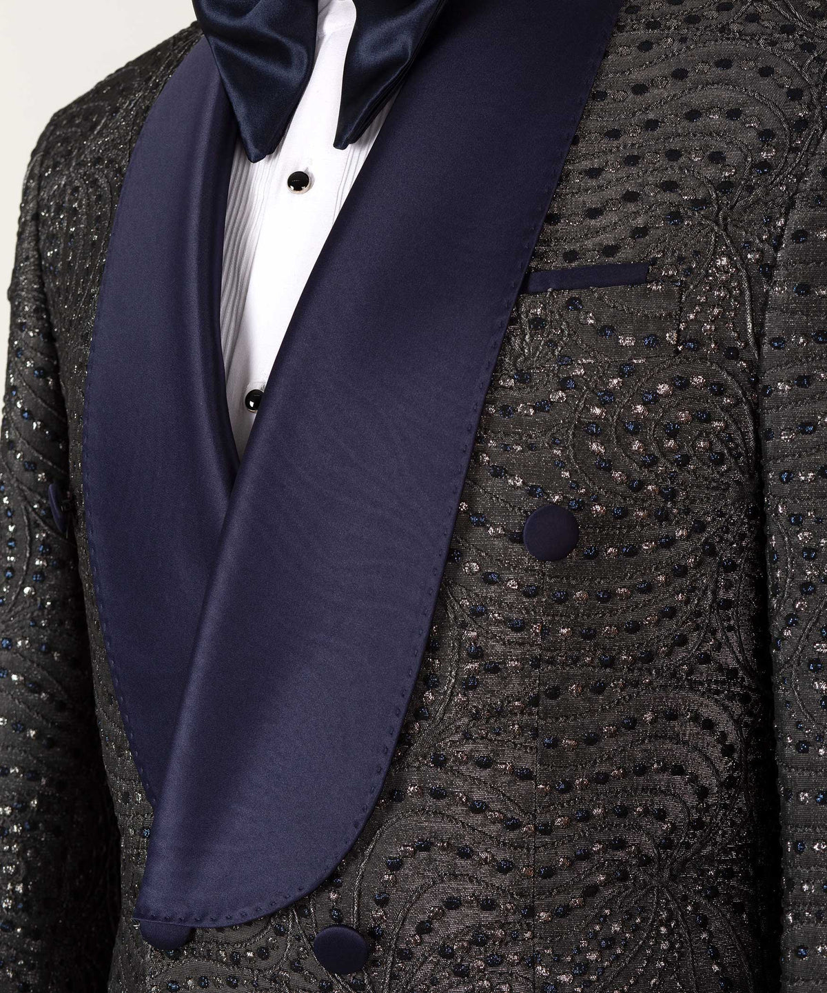 Valerio Milano Men's 100% Silk Navy Blue Patterned Grey Color Double Breasted Tuxedo