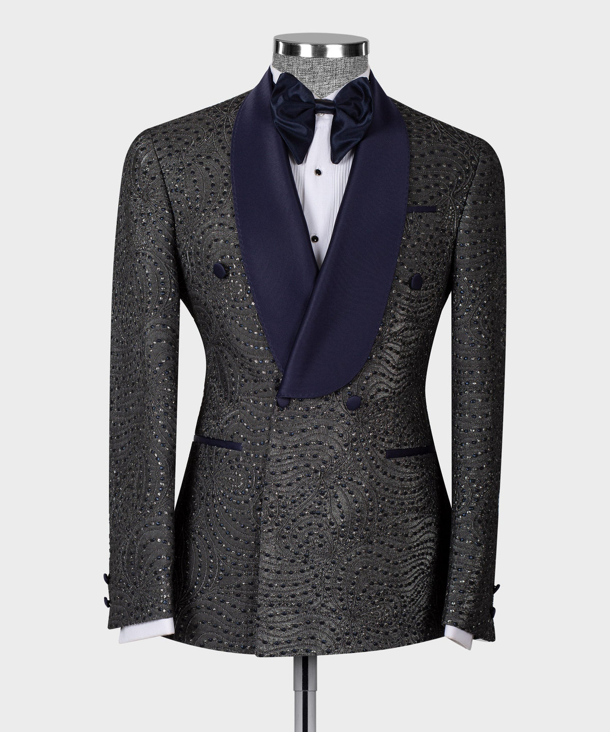 Valerio Milano Men's 100% Silk Navy Blue Patterned Grey Color Double Breasted Tuxedo
