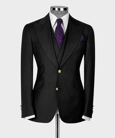 Valerio Milano 3-Piece Italian Men's SuitBlack 100% Wool Triple Classic Suit W/ Straight Leg Trousers