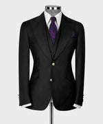 Valerio Milano 3-Piece Italian Men's SuitBlack 100% Wool Triple Classic Suit W/ Straight Leg Trousers
