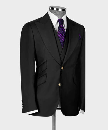 Valerio Milano 3-Piece Italian Men's SuitBlack 100% Wool Triple Classic Suit W/ Straight Leg Trousers
