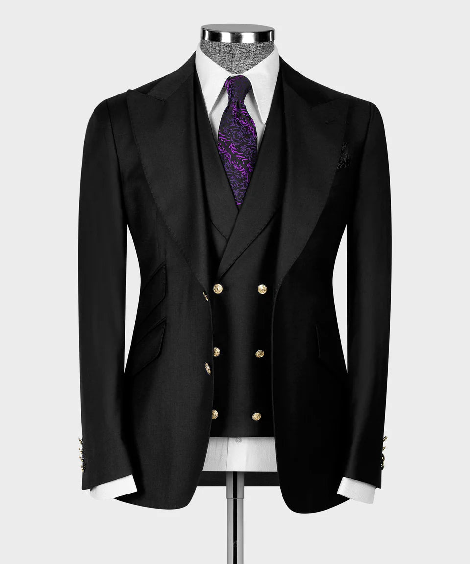 Valerio Milano 3-Piece Italian Men's SuitBlack 100% Wool Triple Classic Suit W/ Straight Leg Trousers