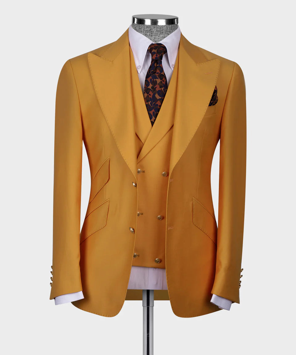 Valerio Milano 3-Piece Italian Men's Suit Camel 100% Wool Triple Classic Vest Suit W/ Straight Leg Trousers