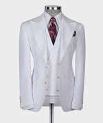 Valerio Milano 3-Piece Italian Men's Suit White 100% Wool Point Seam Triple Classic Vest Suit W/ Straight Leg Trouser