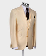 Valerio Milano 3-Piece Italian Men's Suit Beige 100% Wool 3 Side Pockets Triple Classic Vest Suit Point Seam