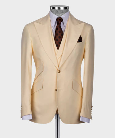 Valerio Milano 3-Piece Italian Men's Suit Beige 100% Wool 3 Side Pockets Triple Classic Vest Suit Point Seam