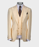 Valerio Milano 3-Piece Italian Men's Suit Beige 100% Wool 3 Side Pockets Triple Classic Vest Suit Point Seam