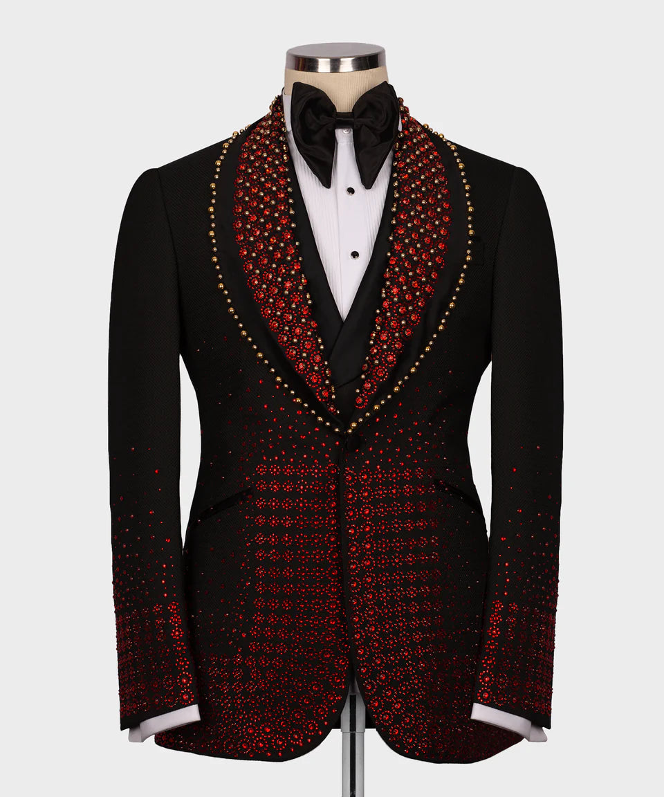 Valerio Milano 3-Piece Italian Men's Suit Red Gem Stone Black Custom Tuxedo Suit