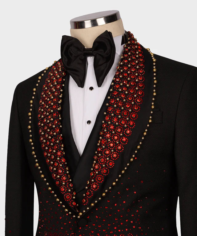 Valerio Milano 3-Piece Italian Men's Suit Red Gem Stone Black Custom Tuxedo Suit