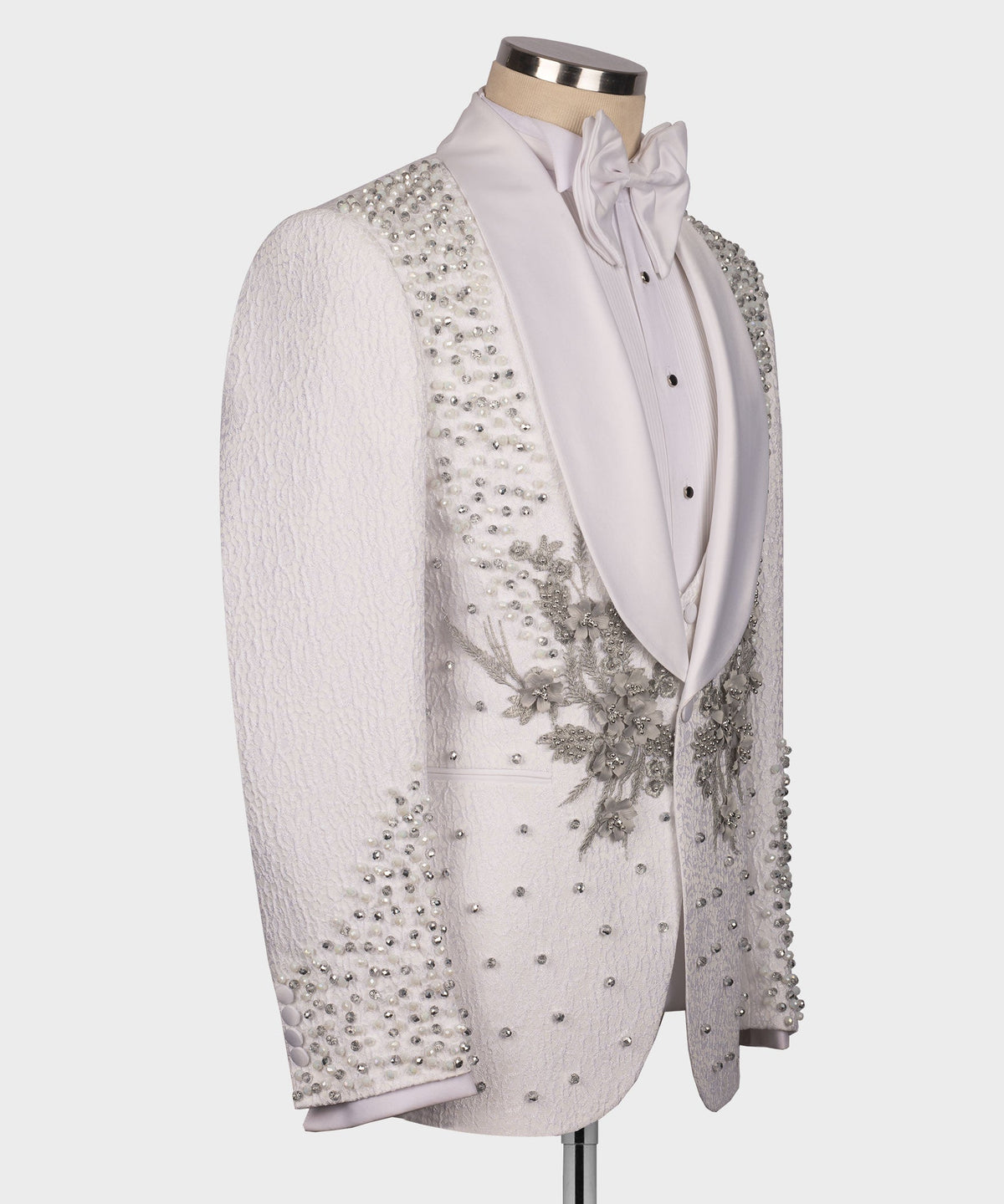 Valerio Milano Men's White Flower Themed Custom Tuxedo Vest Suit & Bowtie