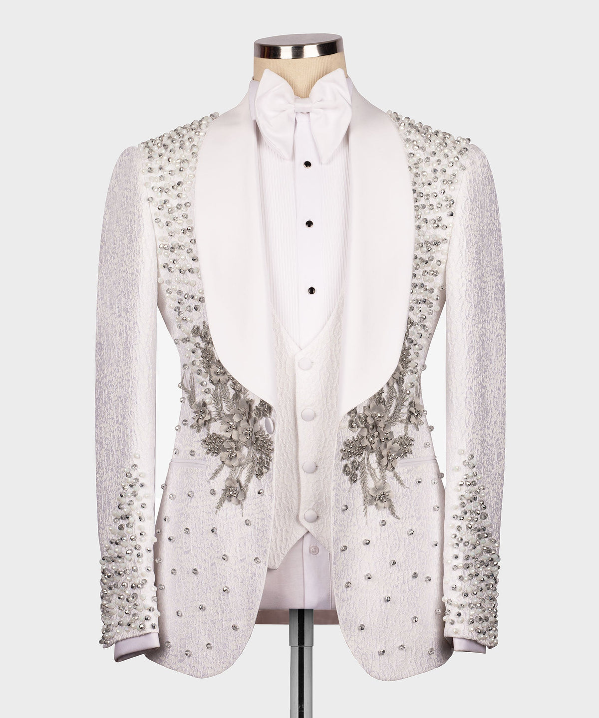 Valerio Milano Men's White Flower Themed Custom Tuxedo Vest Suit & Bowtie
