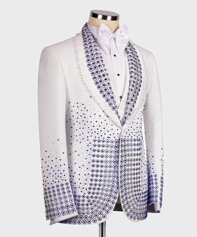 Valerio Milano Blue Gem Stone Detailed White Custom Tuxedo Suit