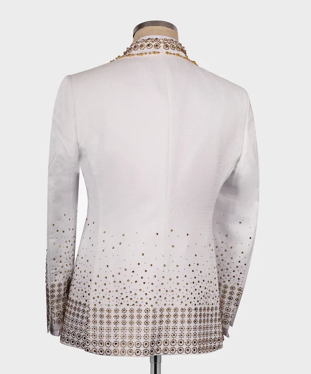Valerio Milano Gold Gem Stone Detailed White Custom Tuxedo Suit