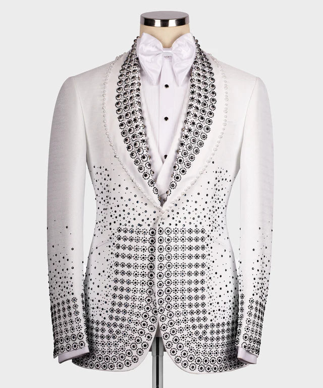 Valerio Milano Black Gem Stone Detailed White Custom Tuxedo Suit