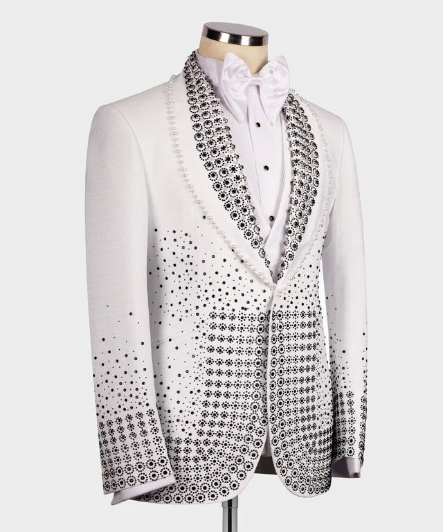 Valerio Milano Black Gem Stone Detailed White Custom Tuxedo Suit