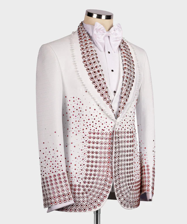Valerio Milano Red Gem Stone Detailed White Custom Tuxedo Suit