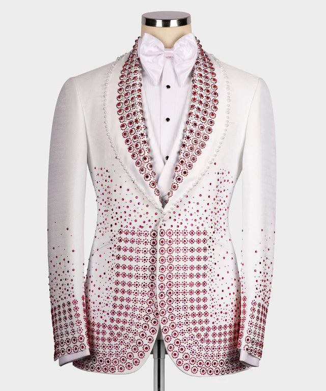 Valerio Milano Red Gem Stone Detailed White Custom Tuxedo Suit