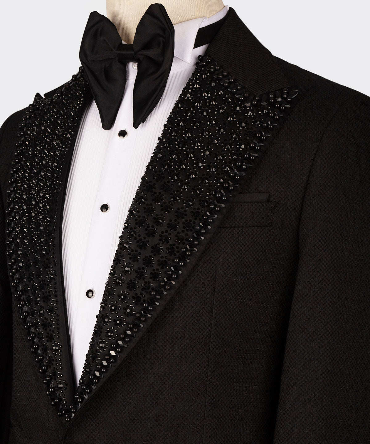 Valerio Milano Men's Black Silk & Wool Gem Stone Collar Custom Tuxedo W/ Bowtie