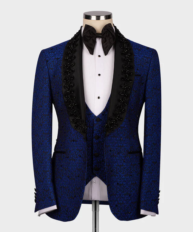 Valerio Milano 3-Piece Italian Men's Suit Black Gem Stone Blue Laleped Special Tuxedo Suit