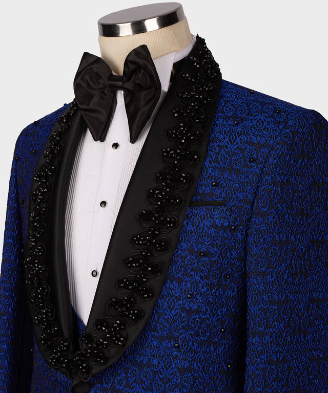Valerio Milano 3-Piece Italian Men's Suit Black Gem Stone Blue Laleped Special Tuxedo Suit