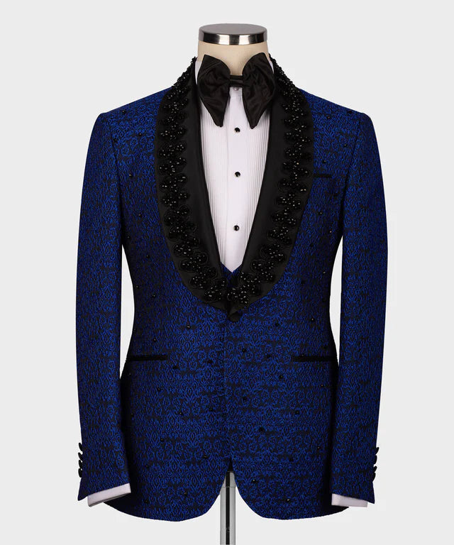 Valerio Milano 3-Piece Italian Men's Suit Black Gem Stone Blue Laleped Special Tuxedo Suit