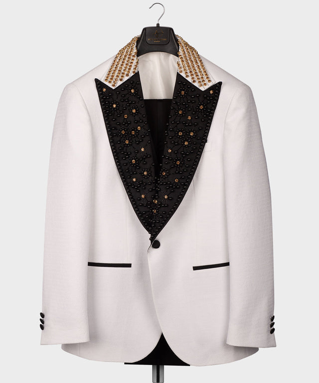 Valerio Milano Gem Stone Pİcked Lapeled Specİal Whİte&Black Tuxedo Suit