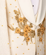 Valerio Milano Men's Cream Flower Patterned Gold Tuxedo Vest Suit Trousers & Bowtie