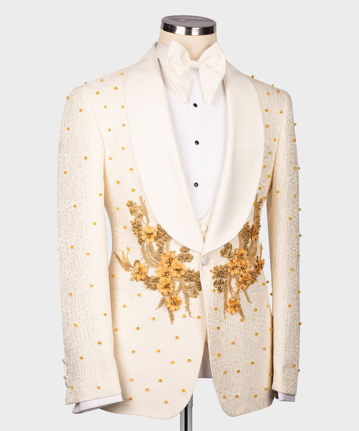 Valerio Milano Men's Cream Flower Patterned Gold Tuxedo Vest Suit Trousers & Bowtie