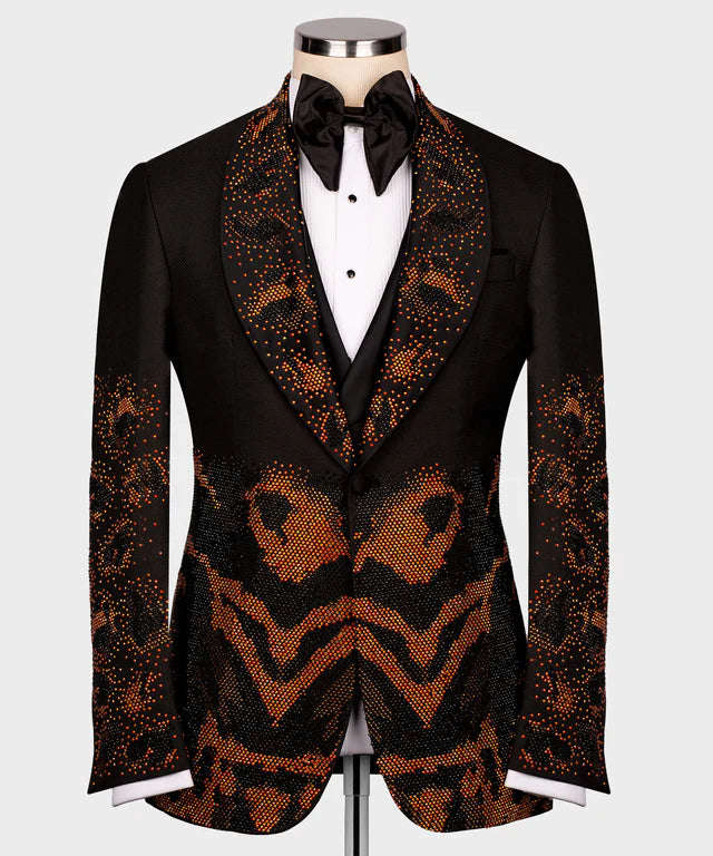 Valerio Milano Flame Pattern Black Custom Tuxedo Suit