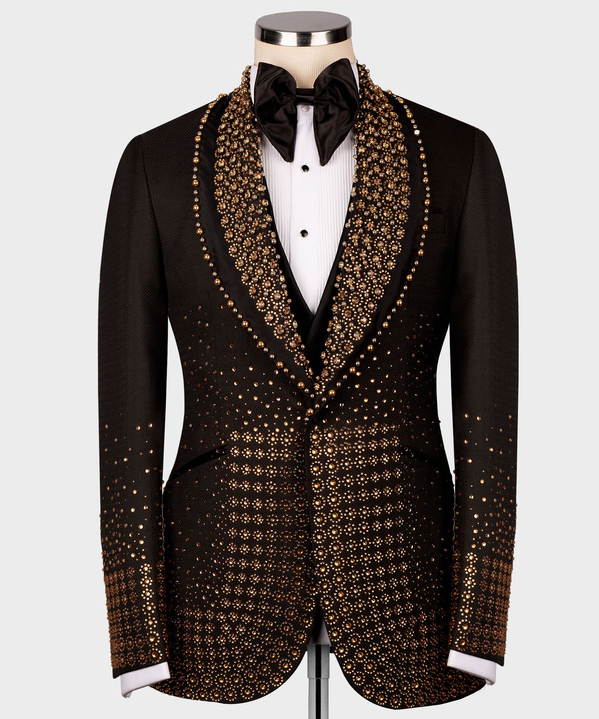 Valerio Milano Men's Gold Gem Stone Detailed Black Custom Tuxedo W/ Bowtie