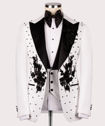 Valerio Milano Men's White Flower Patterned Black Tuxedo Classic Suit W/ Pant