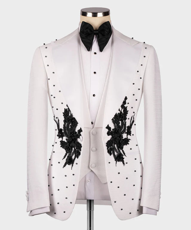 Valerio Milano Flower Patterned White - Black Tuxedo Suit